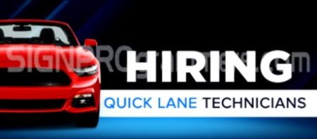 Now Hiring Technicians with red car beside